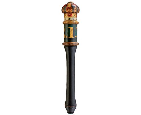 polychrome decorated crown head above a green painted panel inscribed V.R.1., plain turned black painted grip, 35.5cm long.
