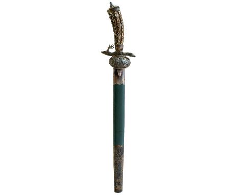 32.5cm blade etched with hunting scenes to either side, fine plated hilt, the downturned shell guard cast with a hunter and s