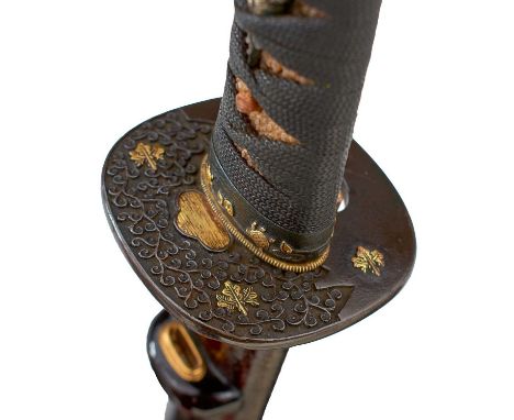 37.2cm Shinto blade with one mekugi-ana, midare hamon, gold wrapped habaki, fully bound tsuka with shakudo-nanako fuchi-kashi