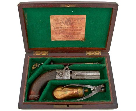 3inch border and scroll engraved turnover octagonal barrels, border and scroll engraved rounded boxlock action signed on the 