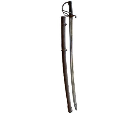 89.5cm curved fullered blade by REEVES and retaining some original polish, regulation steel three-bar hilt, chequered two-pie