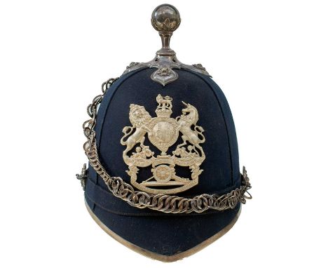 the cloth covered skull with white metal fittings, crowned Royal Arms helmet plate with regimental device and title, ball fin