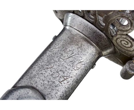 99cm slightly curved fullered blade, regulation pierced steel honeysuckle hilt with smooth brass pommel, brass wire bound fis