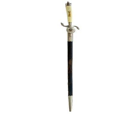 40cm blade by Horster, etched with hunting scenes, a stand of arms and the Association emblem, regulation white metal mounted