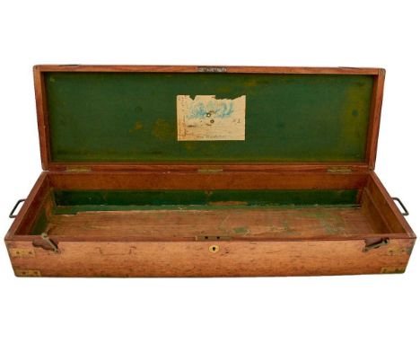 the brass bound light oak case with flush fitting handles and catches, green baize lid with maker's trade label, the latter w