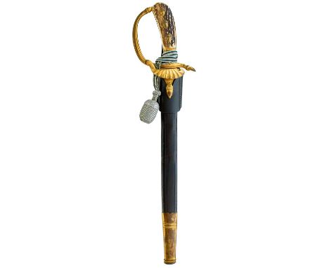 33cm blade by Eickhorn, etched with hunting scenes to either side, regulation gilt brass hilt with shell guard, hoof quillon,