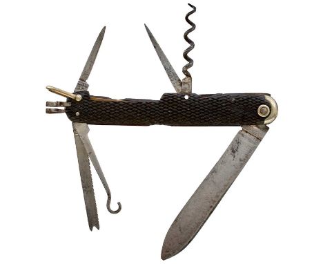 4 Haymarket, London SW, 15.5cm long overall, 12.3cm blade, (sharpened), another 5cm blade, saw, button hook, corkscrew, awl, 