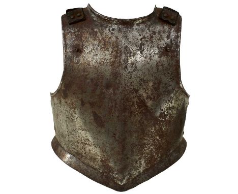 the heavy iron plate with raised medial ridge drawn down to a shallow point at the shallow flared skirt, turned arm apertures