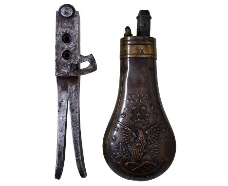 the iron body and arms with pivoting sprue cutter stamped COLTS PATENT, apertures for bullet and ball, together with an Ameri