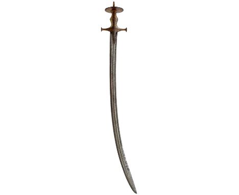 75cm sharply curved double fullered blade, characteristic hilt with elongated langets, domed terminals to the quillons, dishe