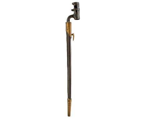 43.5cm blade with Inspector's stamps, in its brass mounted leather scabbard, a Brown Bess Socket bayonet with Inspector's sta