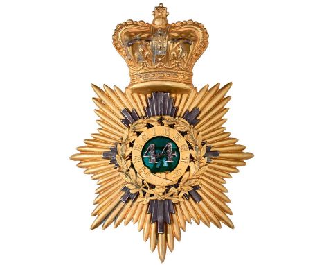 gilt and centred with 44 on a green enamel ground surrounded by a strap inscribed REGIMENT and further surrounded by a laurel