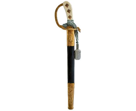 32.5cm blade by Eickhorn, etched with hunting scenes to either side, regulation gilt hilt decorated with oak leaves and a sta