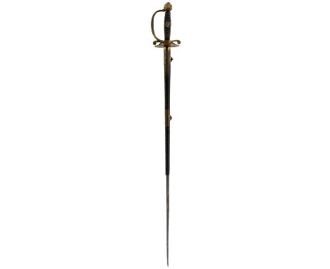 79cm incurved triangular section blade engraved with trophies of arms and foliage, plain copper gilt hilt with replacement pi