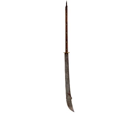 95.5cm double fullered blade broadening to 8cm and of glaive form with clipped and shaped back, characteristic hilt with oval