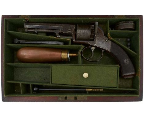 4inch sighted octagonal barrel, chevron engraved cylinder, border and scroll engraved frame, chequered two-piece wooden grips