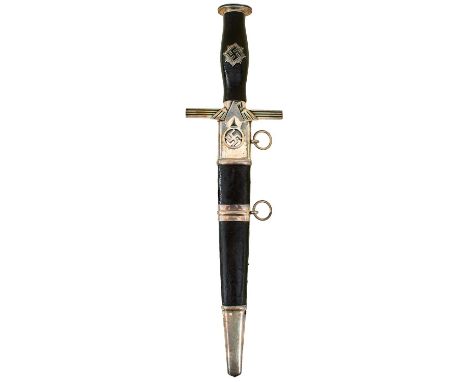 24.5cm flattened diamond section blade, regulation plated hilt with black leather wrapped wooden grip applied with the enamel