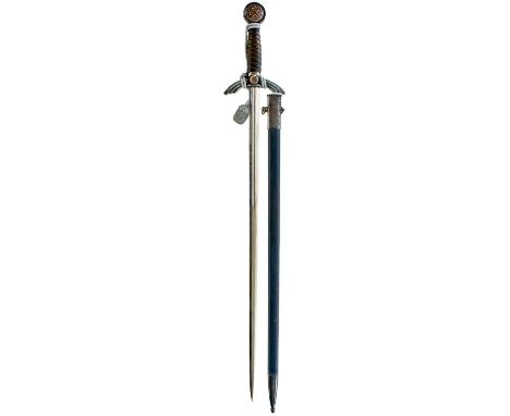 71.75cm flattened diamond section clean fullered blade by WKC, regulation plated hilt with wire bound blue leather wrapped gr