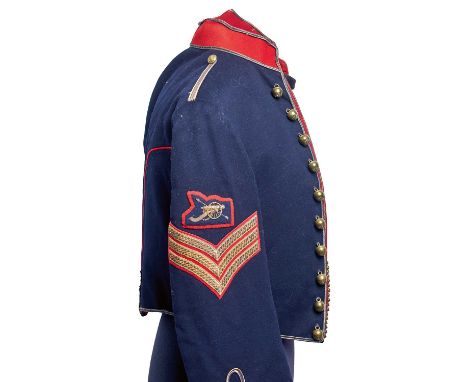 comprising dark blue tunic with scarlet collar and cuffs with bullion trim, bullion sleeve rank, brass buttons, scarlet waist