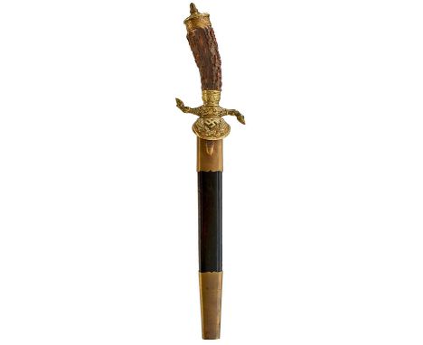 25.5cm blade by Eickhorn, etched with hunting scenes on either side, regulation brass hilt decorated with oak leaves, downtur