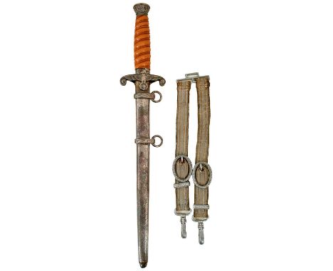25.5cm flattened diamond section blade by Horster, regulation plated hilt with orange celluloid grip, in its plated steel sca