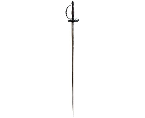 80cm triangular section incurved blade decorated with a stand of arms and scrolling foliage, characteristic hilt with ovoid g