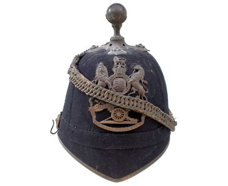 the cloth body with gilt brass mounts, crowned Royal arms helmet plate with regimental device, ball finial with quatre foil b