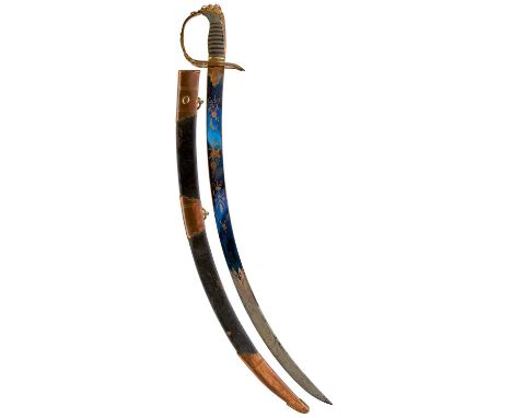 74.5cm sharply curved blade decorated with foliate sprays and stands of arms all highlighted in gilt on a blued ground and wi