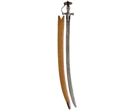 82cm triple fullered curved blade, characteristic hilt with elongated langets, domed terminals to the quillons, scroll knuckl