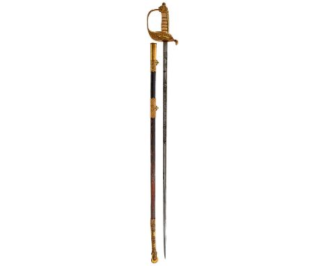 81cm slender fullered blade etched with scrolling foliage, naval motifs and a maker's panel, regulation brass hilt decorated 