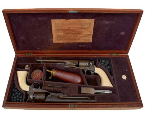 8inch sighted barrels stamped ADDRESS COL SAML COLT NEW-YORK U.S.AMERICA, stepped cylinders with naval engagement scene and s