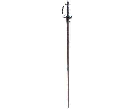 83.75cm triangular section incurved blade decorated with scrolling foliage, characteristic hilt with ovoid guard, pierced and
