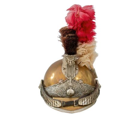 the brass skull with white metal trim, laurel wreath head band with central flaming grenade, acanthus embossed raised comb wi