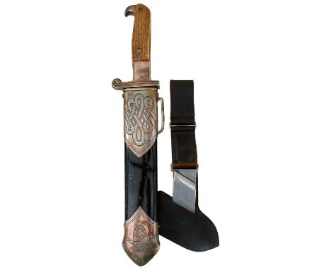 24.5cm fullered clipped back blade by Krebs, etched with the motto Arbeit adelt, regulation plated hilt with two-piece rivete