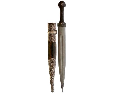 37cm etched wootz damascus fullered blade, characteristic hilt with two-piece riveted horn grips, two of the domed rivets wit