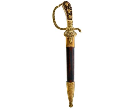 25.5cm fullered blade by Eickhorn etched with hunting scenes on either side, regulation brass hilt decorated with oak leaves,