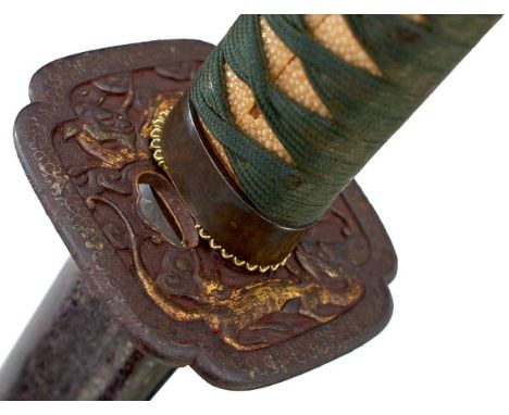 69.8cm Shinto blade with two mekugi-ana, signed Heianjo ju Fujiwara Kunitake, midare hamon with nie, fully bound tsuka wtih p