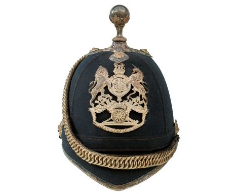 the cloth covered skull with white metal fittings, crowned Royal Arms helmet plate with regimental device, ball finial on qua