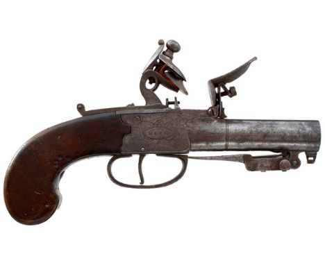 2.25inch turn-off barrel fitted with an under sprung bayonet released by the sliding trigger guard, border engraved action de