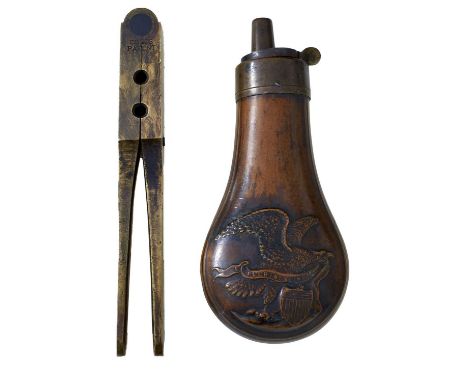 the brass body and arms stamped COLTS PATENT, apertures for bullet and ball, together with an American copper pistol flask em