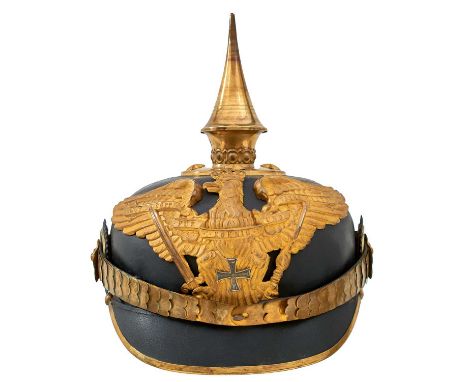 the black leather skull with pierced gilt helmet plate with overlaid white metal cross, spike finial with circular base with 