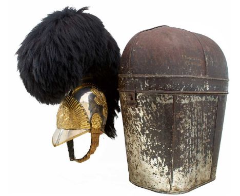 the plated steel skull with embossed brass rayed helmet plate surmounted by an embossed Royal arms, motto and battle honours 