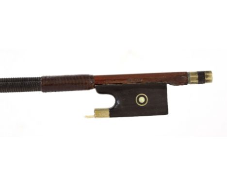 German silver and nickel mounted violin bow stamped Penzel, the stick octagonal, the associated ebony frog with nickel rings 