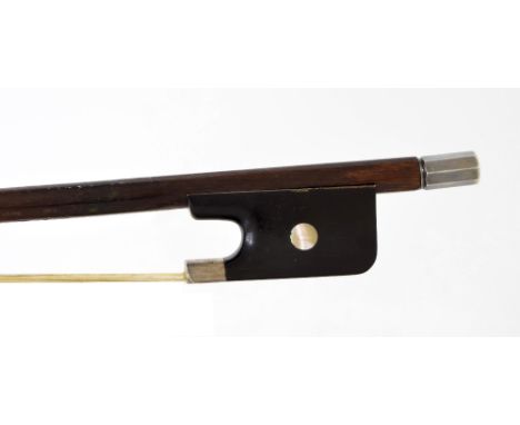 Old silver mounted violoncello bow, unstamped, the stick round, the ebony frog inlaid with pearl eyes and with a silver overl