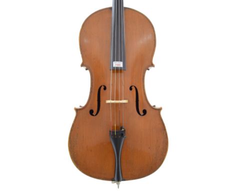 Good 19th century violoncello, unlabelled, the two piece back of faint medium curl with similar wood to the sides and head, t