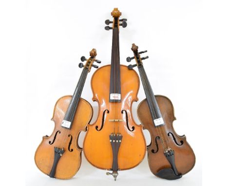 Contemporary viola set up as a child's violoncello with a spike, 15 1/2", 39.40cm; also two German half size violins in need 