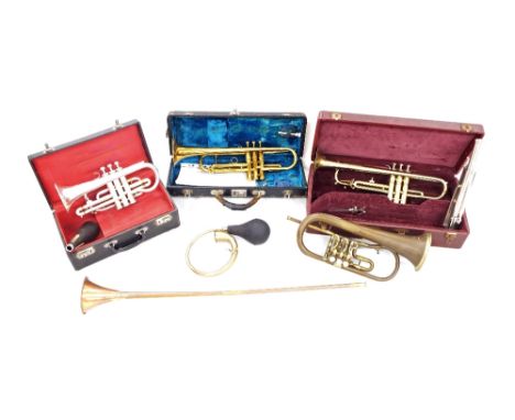 Besson Westminster silver plated cornet, no. 312461, case; together with a Conn gold lacquered trumpet, case, a Zenith gold l