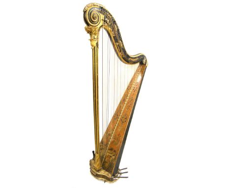 Good 18th century French harp by Holtzman, Paris, with ebonised and gilt chinoiserie decoration, the carved scroll top upon a