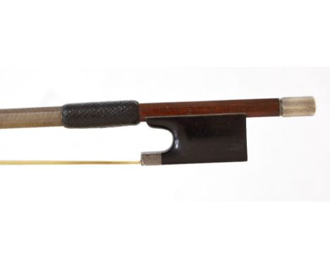 Silver mounted violin bow stamped Dodd, the stick round, the ebony frog plain and the silver overlaid ebony adjuster and frog