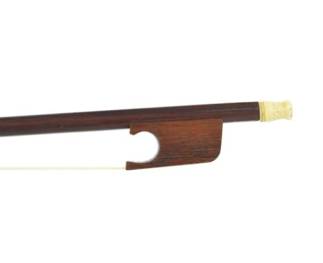 English violin bow, late 18th century, the stick round, with a rosewood frog and turned bone adjuster, 48gm